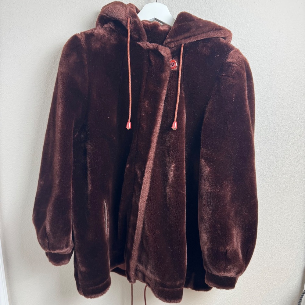 Jordache Vintage Faux Fur Hooded Jacket Medium Relaxed Brown Plush Zip Coat